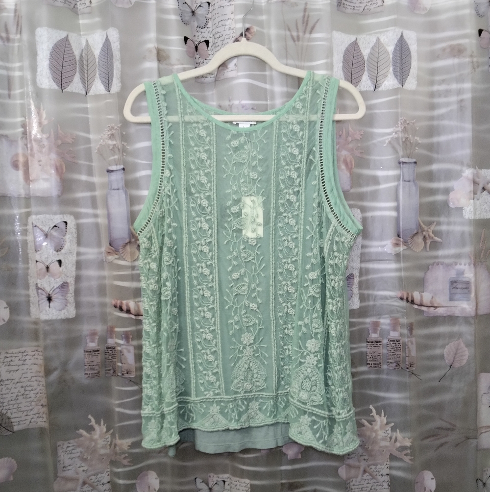 NWTSundance Embroidered Floral Sheer Mint Green Lace Boho Sleeveless Top Lined L - Picture 11 of 15